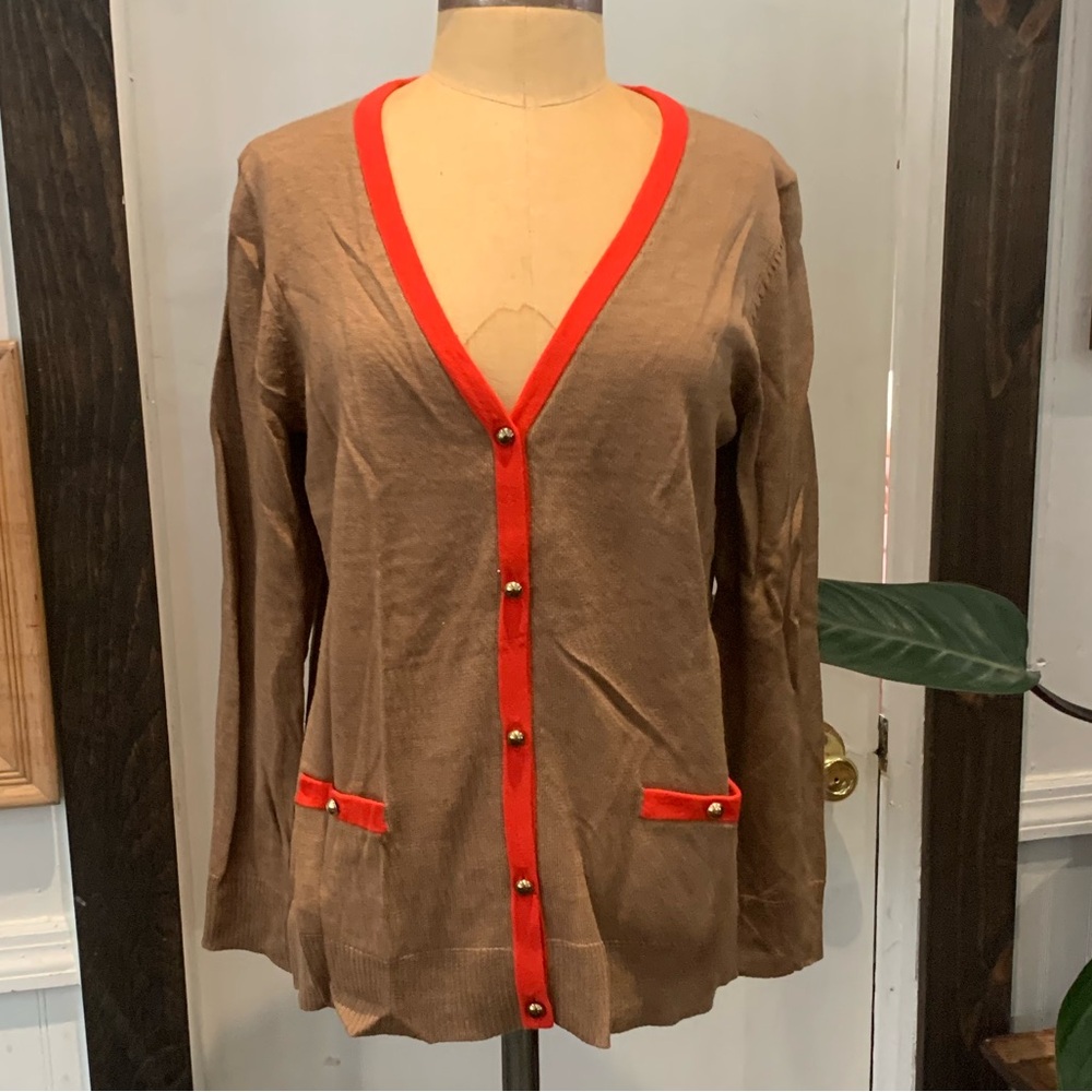 Coach 100% merino wool Brown Cardigan with Red Trim